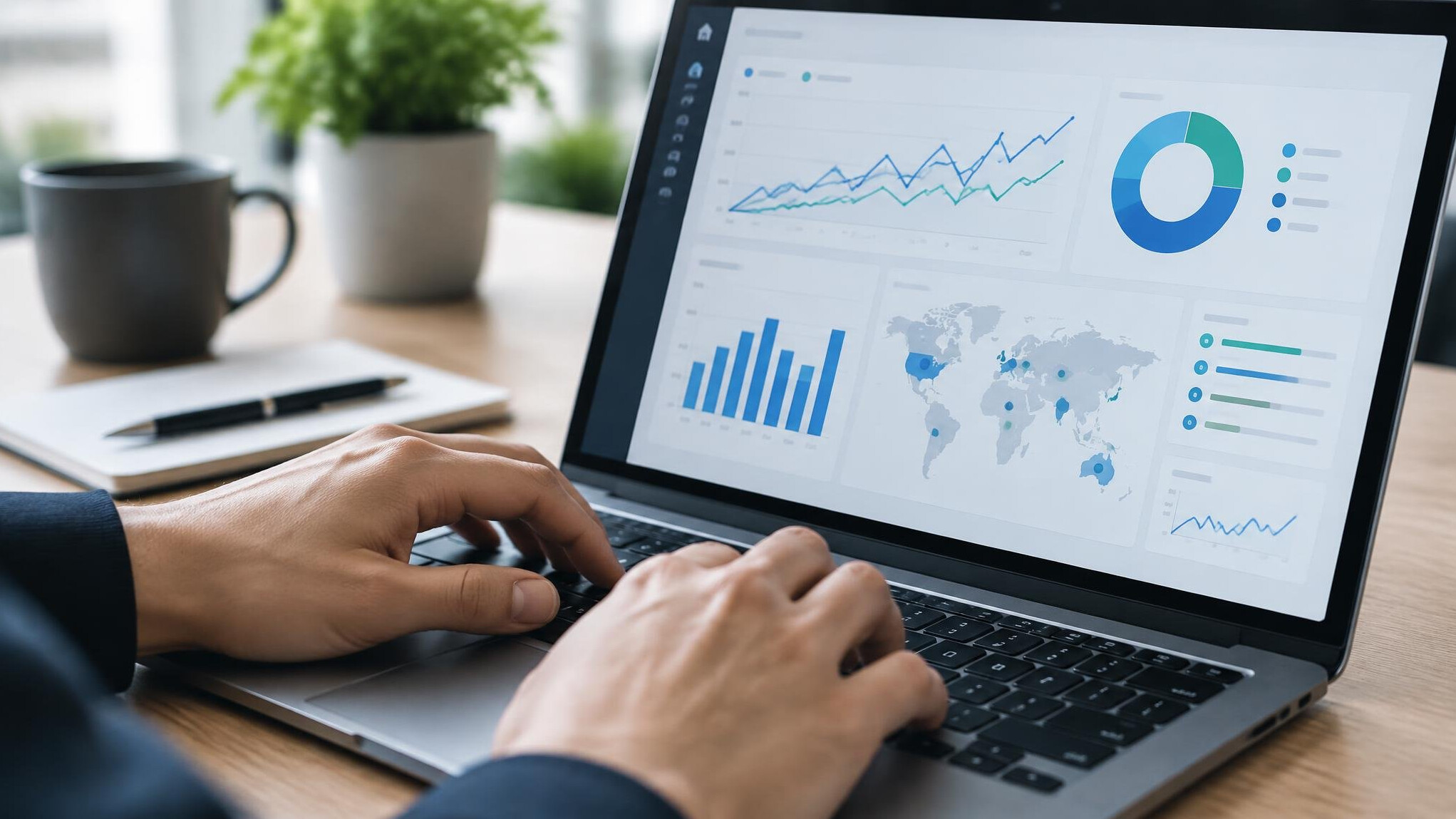 Close-up of hands typing on a laptop with analytics charts on screen