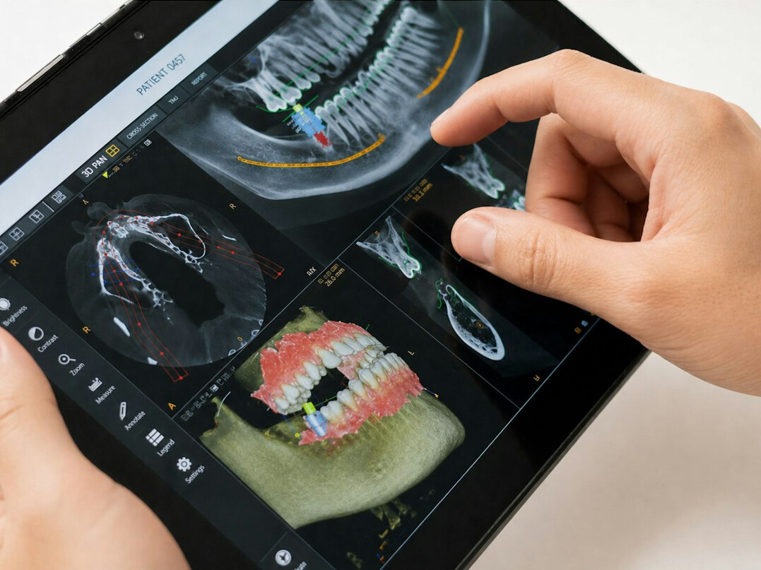 Close-up of a hand holding a tablet showing charts