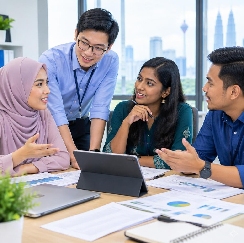 Group of colleagues in a collaborative discussion around a table